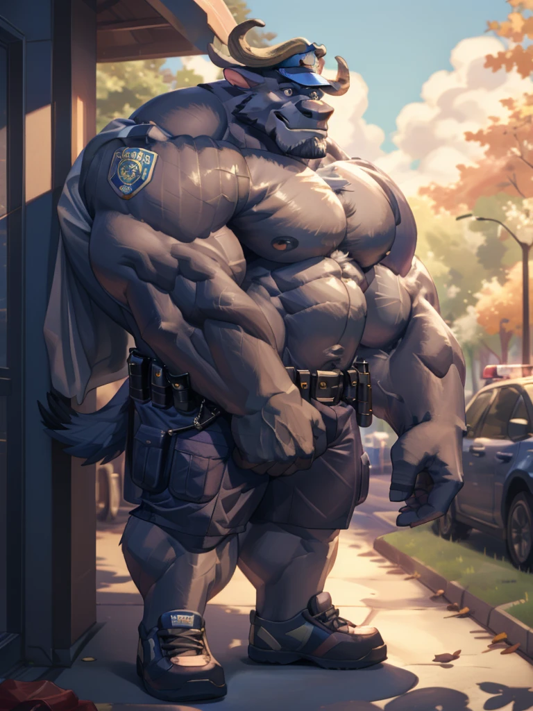 Solo, 1boy, perfect anatomy, perfect proportion, (chief bogo, police, police hat, park), topless, perfect center, sharp eyes, big eyes, peaceful, eyes, (smile, happiness), calm, perfect fingers, big hand, fingers. Huge Muscular Old man with short hair, shoes, (cargo shorts), view from side, pectoral, thick arms, huge pectoral, wide pectoral, white hair, white beards, simple background, masterpiece, semirealistic:1.2, high detailed, 8k, high resolution, perfect center, full view. ((really big muscle, massive muscular, sixpack, thick arms, wide pectoral, super huge muscle, hyper muscular, over sized muscle, huge arms, big arms, huge pectoral))