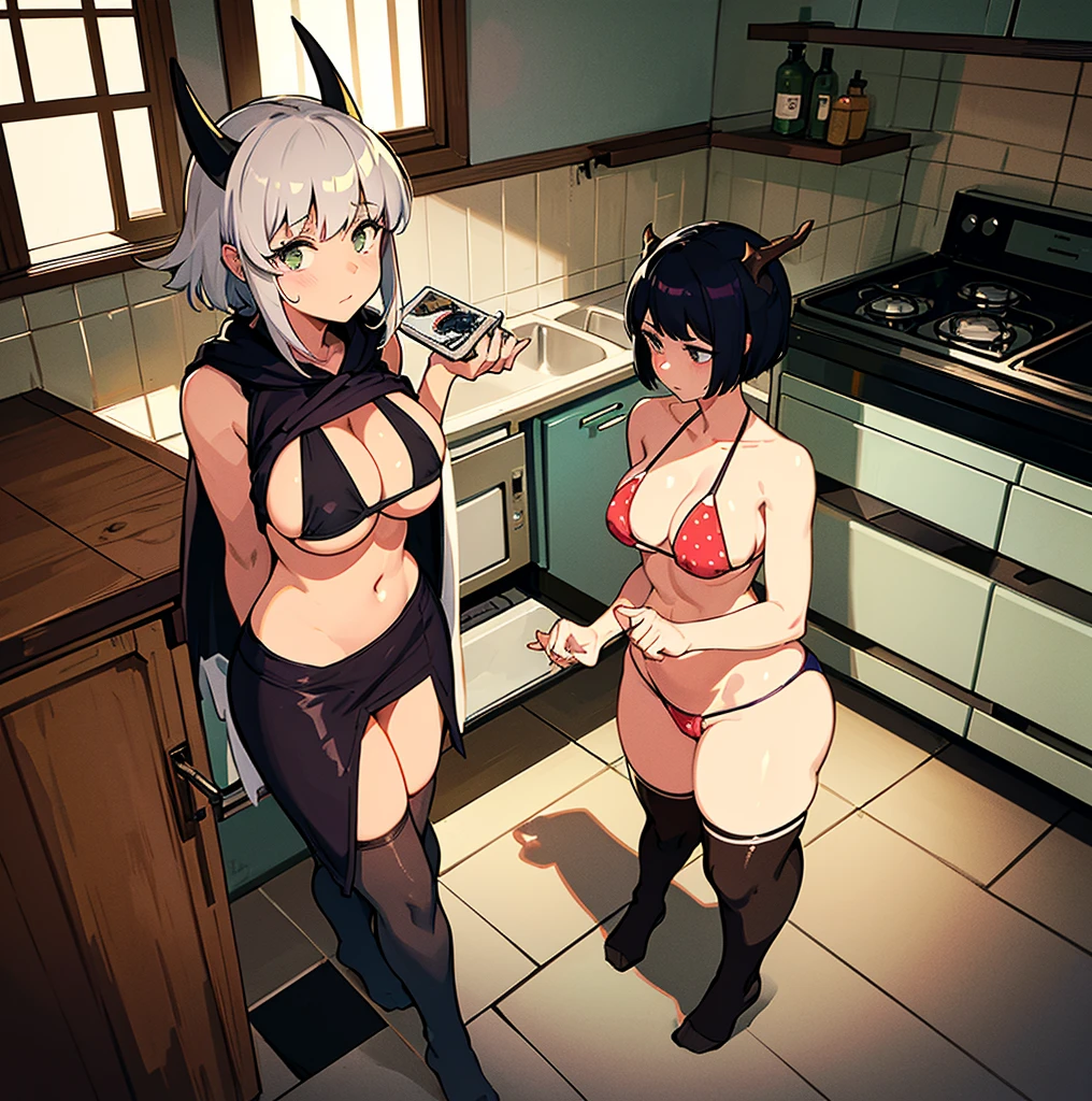 a woman in a bikini on the floor of her home with no clothes on, two women with black and white art in the background one woman has her hand up, bathing suit standing at the kitchen counter, a female character dressed in a robot suit with no panties, a girl is shown wearing a cape and stockings with horns on her head and wearing lewd underwear