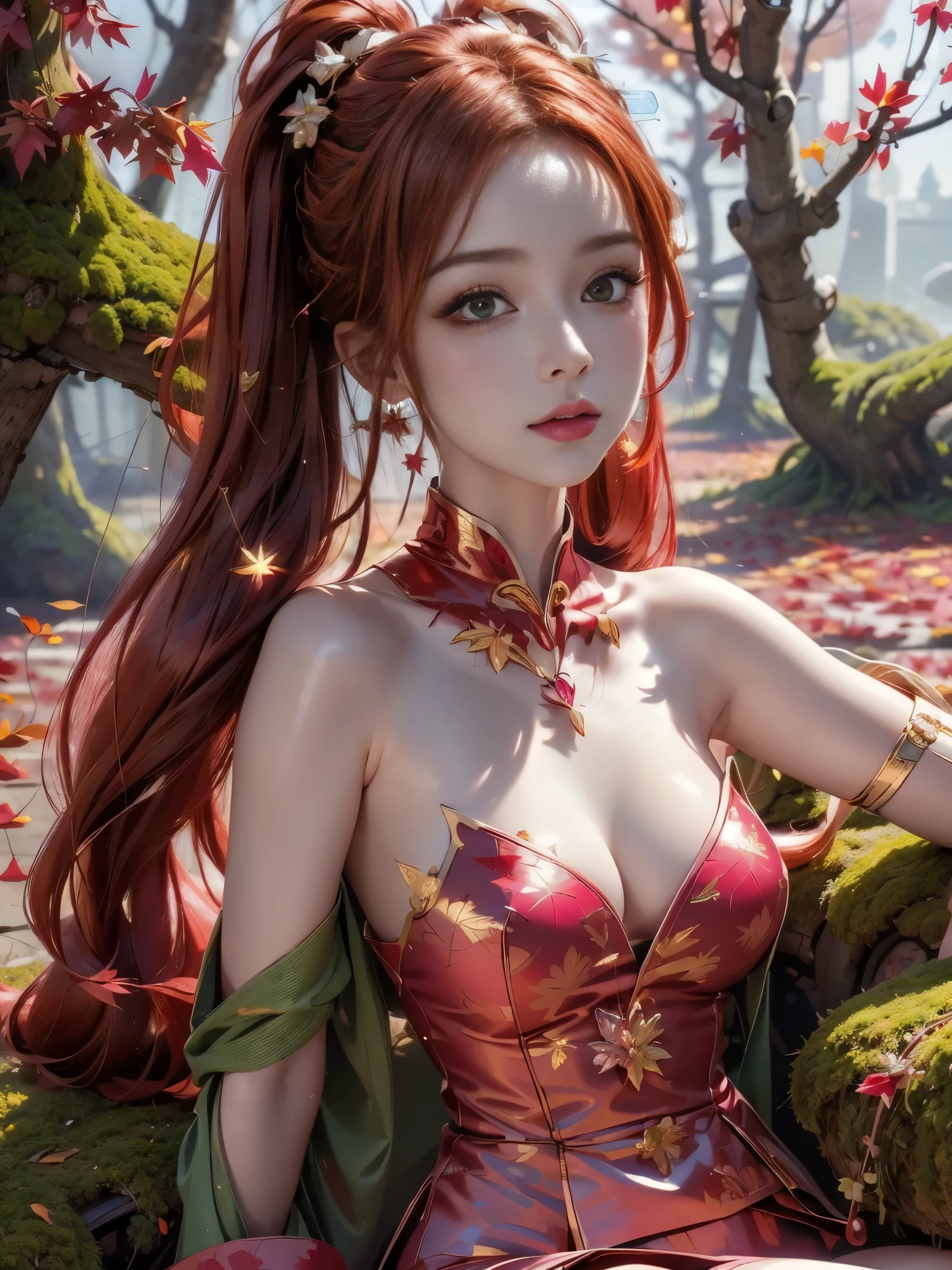 ((RAW photo), absurdities, (absurdresolution)), masterpiece, best quality, (Extremely detailed 8k unity CG wallpaper), (best illustration), (best shadow), absurdities, Realistic lighting, beautiful detailed glow, 21 years old, ((The face of the most beautiful young girl)), the most beautiful face ever created, very pretty, young girl with bright emerald eyes, seductive look, ultra-detailed pupil, captivating, clean, perfect, (red hair, loose sideburns, pigtails, golden highlights, golden flowers), (((Background: moss, pink and red leaves, luminous diamonds)))