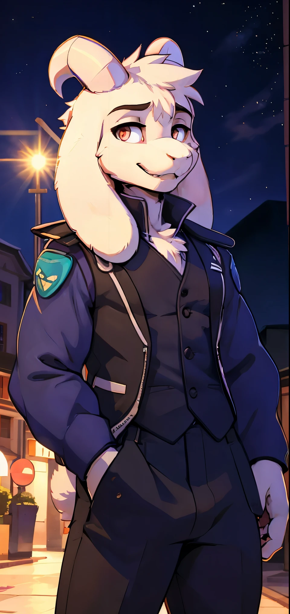 ((Asriel)), Best Quality, furry, animal nose, smile, anime eyes, goat, undulation, pants elegant, (((three piece traje))), jacket suit, vest, presumptuous, ((((holding the flap)))), detailed hand, exterior, Portrait with wide aperture, cool tones, Strong visual impact, blank space, contrast of lights and shadows, SUPER TEXTURE, Sun shine, Super clear image, simple image