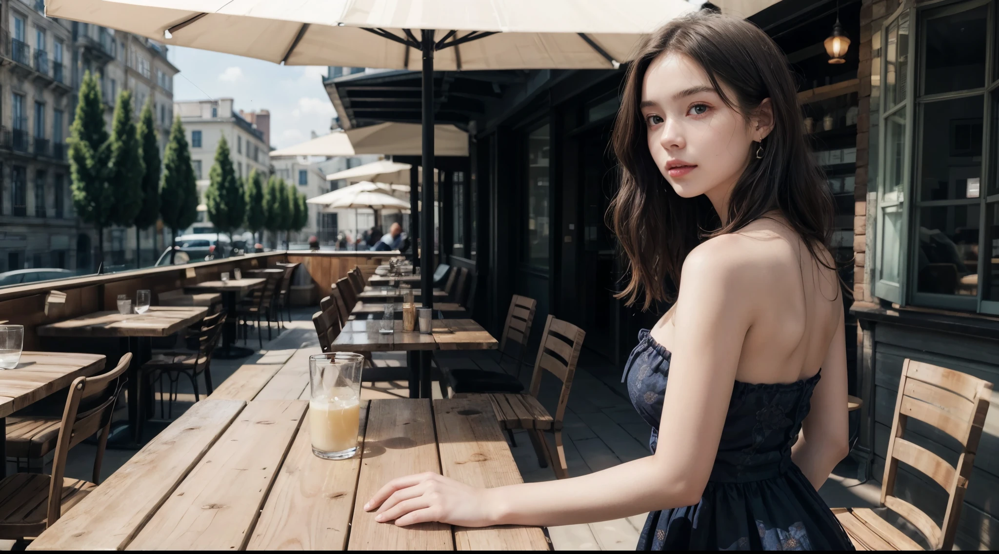 girl wearing strapless dress, BREAK, 1girl, (solo:1.4), strapless tube dress, detailed face, looking at viewer, long straight hair, middle-parted hair, shoulder, intricate pattern tapestry, masterpiece, highest quality, realistic, very detailed, finer details, high resolution, nice blouse, on the terrace of a lovely cafe, at noon, light brown messy hair, perfect dynamic composition, big earrings, (18yo, cute:1.3), (breasts:1.2),