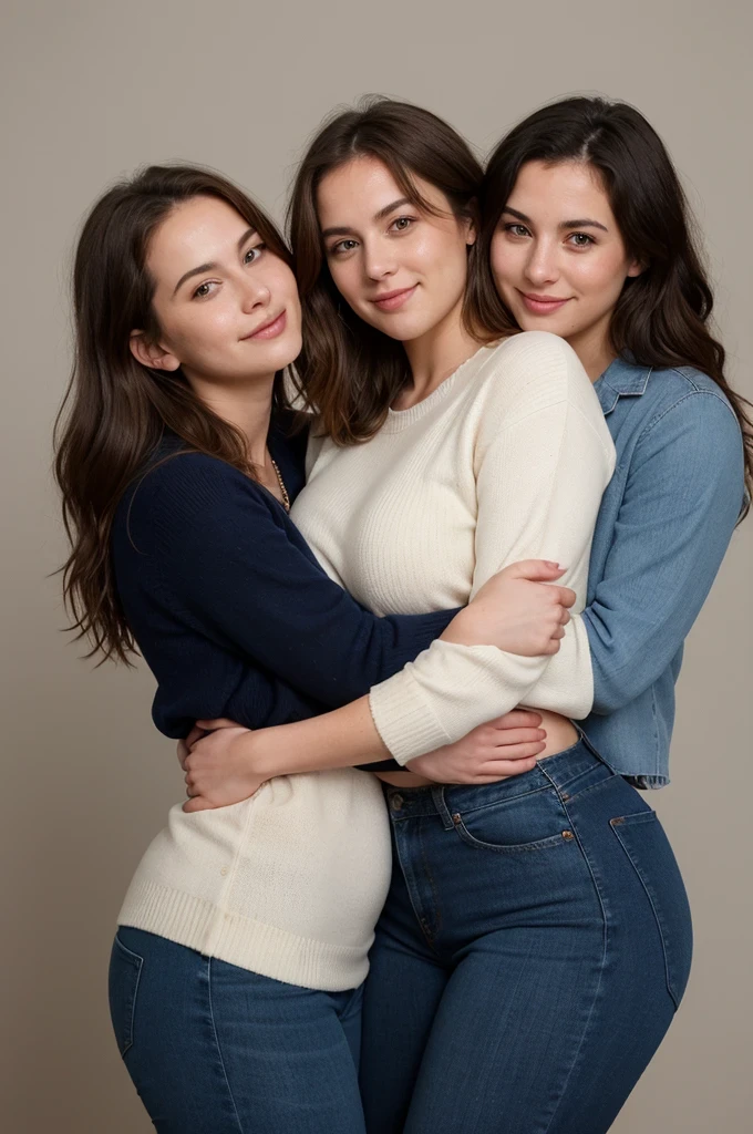 two women hugging, woman holding another woman, Portrait of women hugging, hugging each other, lesbian embrace, two beautiful women in love, Hugging, arm around his neck, two girls, ( ( emma lindstrom ) ), holding each other, Hugs and cradling, Two women, happy, smile, detailed eyes, detailed hands, wearing sweaters and blue jeans, both 30 years old, different heights, thicc, wide hips, accentuate on thighs, side view