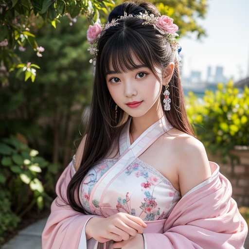 best quality, Delicate face，beautiful visual work, lifelike, eternity, black hair, Long curly hair, blunt bangs, Smile, Detailed Background, Delicate face，pink blush，cold，((masterpiece))、(top quality)、8k、high detail、Super detailed，21 years old female，Wearing Hanfu、Seductive and whimsical style、masterpiece、born、Scenes resembling fairy tale illustrations、intricate details和複雜的設計、Beautifully、magic、capricious、 Beautifully、Dream aesthetics、「𝓡𝓸𝓶𝓪𝓷𝓽𝓲𝓬、ethereal、charming、fickle、magic」、realism、Visual effects、FXAA、SSAO、Shader、voiceless、ambient lighting、Tone mapping、High resolution、Ultra high quality、Million pixels、(8K resolution:1.10)、8k、8k以下、8K resolution、high detail、intricate details， (high quality:1.2、masterpiece:1.2、:1.21)、(21 years old female:1.21)、(興奮地Smile)、(Surrounded by a dreamy atmosphere、Model diagram，full-body shot，Normal 2 feet，Don't show your fingers，Big 
