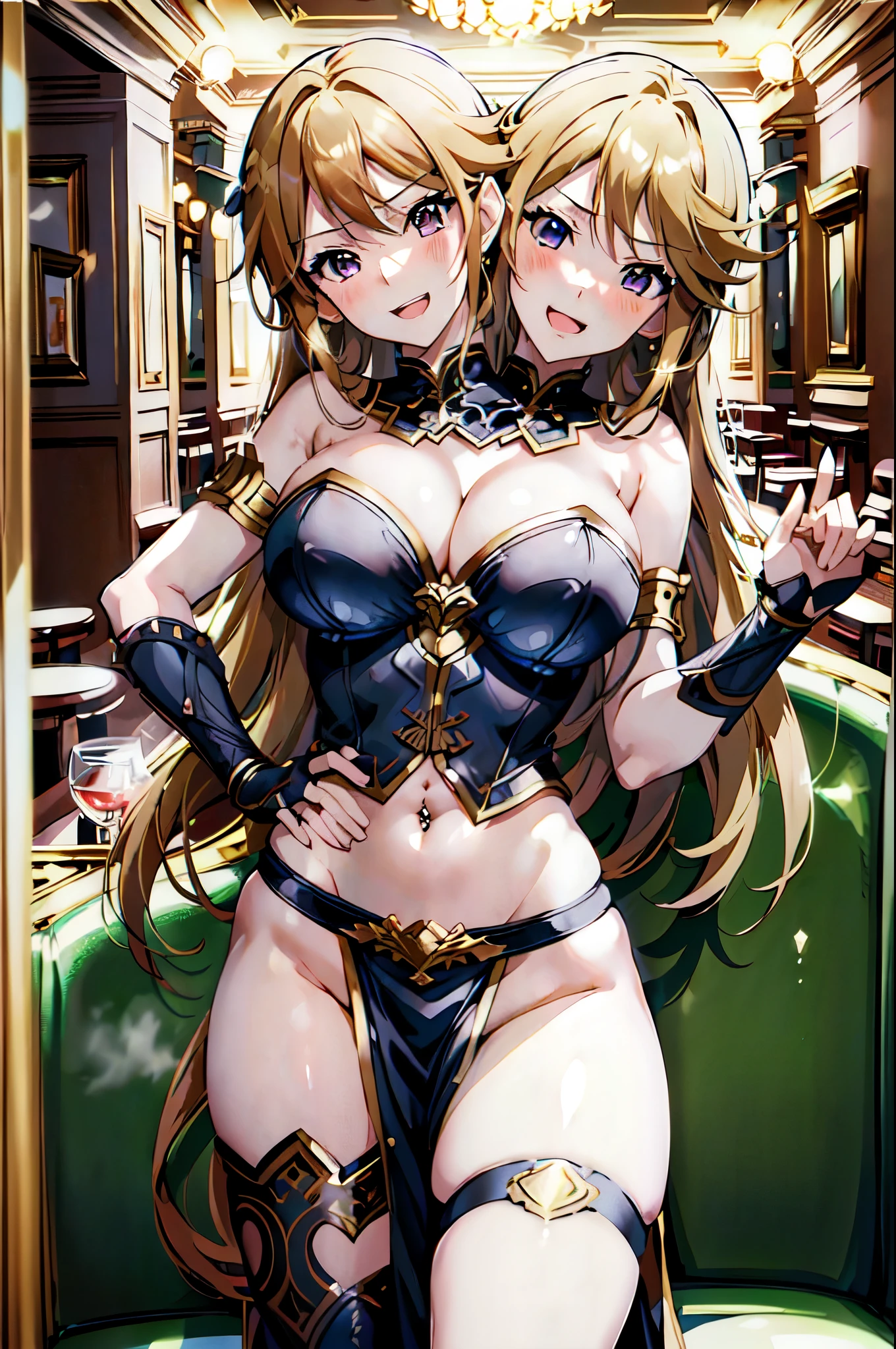 (masterpiece, best quality, ultra detailed), (2heads:1.5), (perfect face, detailed face), (detailed background, complex background:1.2), full-face blush, smile, looking at viewers,
megumi tokoro, long hair, blush, lipstick, Hot girl, baddie, staring, glaring, bad attitude, mean girl, dare, angry, hate, crazy, smoking, sensual, attractive, masterpiece, best quality, highly detailed, fantasy , a anime girls in armored dress holding a sword
posing for a picture, evil smile, smile, open mouth, breastplate with open cleavage, cleavage, warrior
outfit, ecchi anime style, anime girls, ecchi style, (nsfw) not safe for work, ecchi, digital anime art!!, in
anime style, official artwork, visual novel cg, beautiful anime girl, anime style 4 k , loincloth, exposed
belly, exposed navel, exposed midriff, exposed lower belly, pencil skirt armored, castle,inside castle,, navel piercing