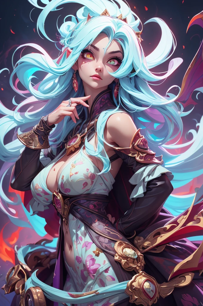 Woman body set large breasts(best quality, highres, ice skull:1.1), A girl with purple hair and a red cape, featuring a Dracula Orchid pattern. (best quality, ultra-detailed), (realistic), vibrant colors, intense lighting, lava-like texture, hauntingly beautiful composition, surreal atmosphere, contrasting dark shadows, mesmerizing glow, detailed facial features, flowing lava tendrils, fiery eyes, ethereal presence, intricate floral patterns, mysterious aura."