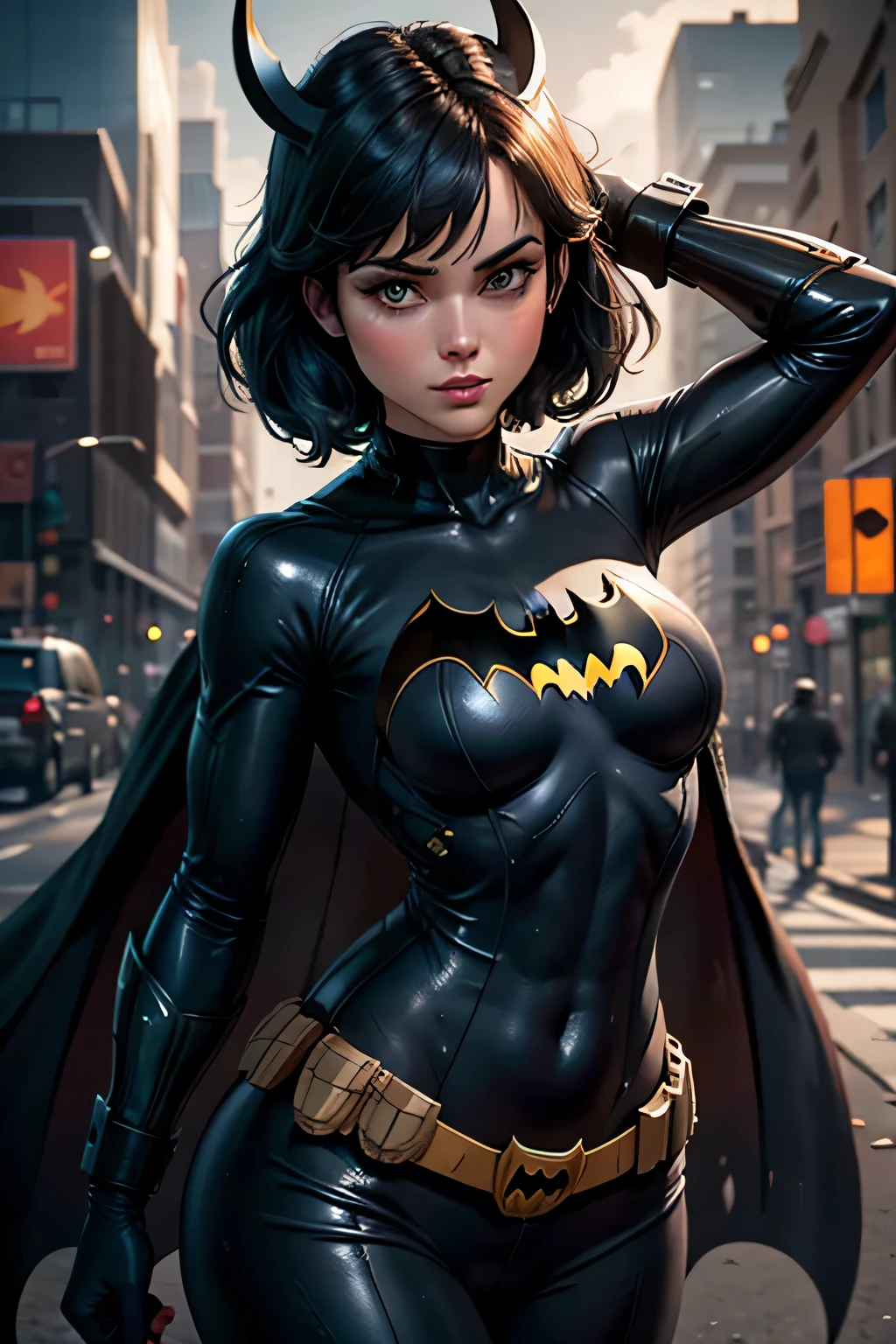 The character has a strong, determined expression on her face, with furrowed eyebrows and a slight scowl, her gaze is directed slightly downward and to her left, giving an impression of focus or contemplation, she has short, jagged black hair with greenish highlights, which frames her face and ends just above her shoulders, her lips are painted dark, almost black, and her mouth is slightly open, possibly indicating that she is either speaking or breathing heavily, which might suggest tension or physical exertion, the character’s skin tone is a pale yellowish color, she is wearing a Batgirl suit, which is a tight-fitting, dark costume with a yellow bat emblem on her chest, the emblem is distinct and prominently displayed, with its wings spanning across her upper torso, the costume appears to be made of a material that reflects some light, the suit’s design is sleek, with no visible seams or armor plating, which might suggest that it’s designed for agility and movement rather than heavy combat, there’s a faint outline of what might be a belt or other accessory at her waist, though it’s not clearly visible, the lighting is dramatic, with a warm, yellowish glow dominating the background, this light source is likely behind and slightly above the character, casting shadows on the front of her face and body, the highlights in her hair are greenish, contrasting with the warm tones of the background and giving her an almost otherworldly appearance, the shading on her face and body is subtle but effective, adding depth and dimension to the character, the shadows under her eyes, around her nose, and along her neck emphasize her stern expression, the background is mostly a gradient of warm yellow to orange tones, which could represent a sunset or an artificial light source, there’s a suggestion of som
