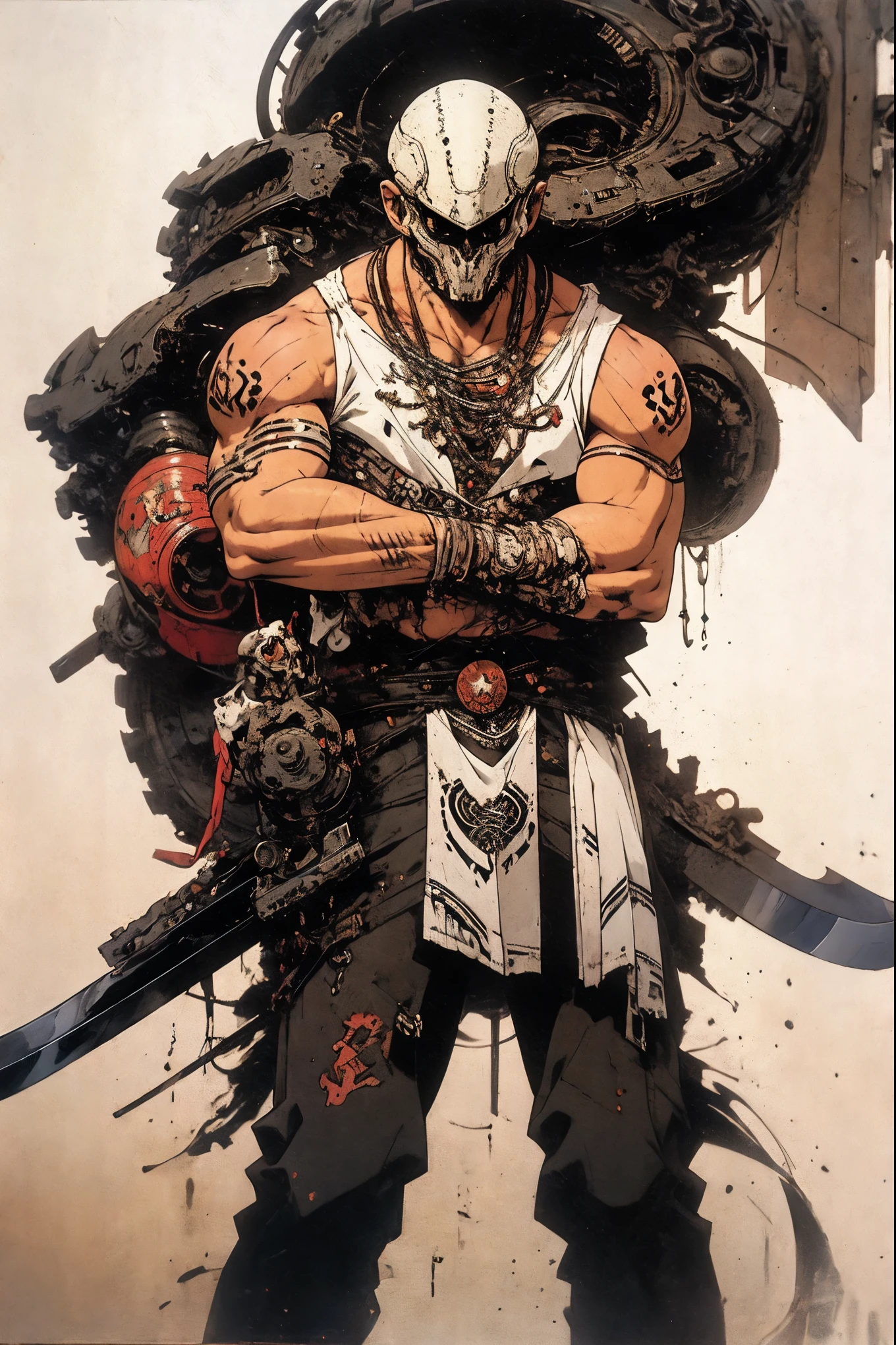 Best quality, masterpiece, ultra-high resolution, 1 person, facing the audience, one, cyborg body, sword coupling, simple background, white background, machinery division, exoskeleton, cold-blooded adult man, tough guy style, shirtless, pants, muscle, tattoo