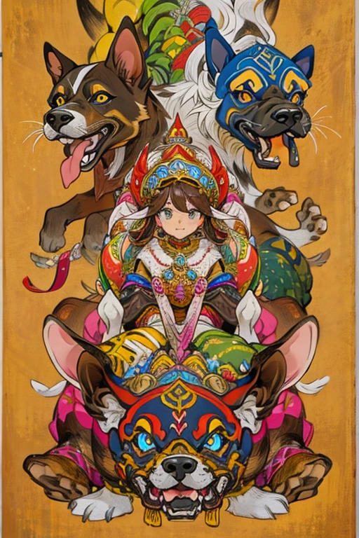 (masterpiece: 1.2, Highest quality),Goddess sitting on a dog、surrounded by dogs on all sides、Guardian of Dogs