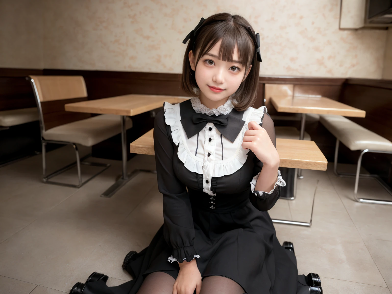 masterpiece, Highest quality, figure, Very detailed, The finer details, High resolution, 8k,wallpaper, Perfect dynamic composition,(Detailed high quality, Realistic depiction of eyes:1.3), (Three Girls),(Gothic Lolita fashion with tight buttons on the collar and chest), Seraphim, Short Bob Hair, In the background is an empty restaurant, Deep in the field, Black hair color, Big Natural Color Lip, (Perfect figure), (smile)、Harajuku Style、Elementary school girl in Japan:1.3), Adorable expression、Expressions of happiness、10 years old、height: 145cm、Baby Face、Amazingly cute、Cute type、Beautiful feet, Idol Sculpture、Big Breasts