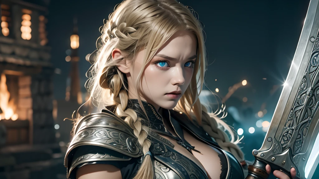 Practical,Burning village，night，Viking,1 Girl,blue eyes,Large Breasts,Full body portrait,Blonde Hair,Solitary,Braided Hair,angry,Charge,A sword with a pattern engraved on the right hand,Shield on left arm,Close up photography