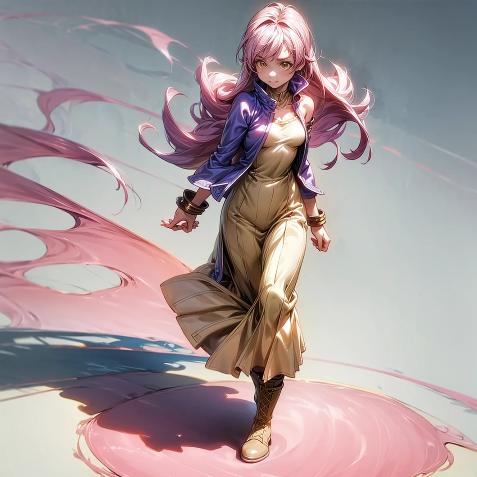 Solo character, full body version, young girl, pink color hair, brown eyes, long hair, yellow lingerie, bare shoulder clothing, blue jacket, long skirt, boots, gold bracelets, detailed shadow, white background, standing gesture, sad eyes, smile mouth, medium breast, detailed face, detailed clothing, detailed hair, detailed background 