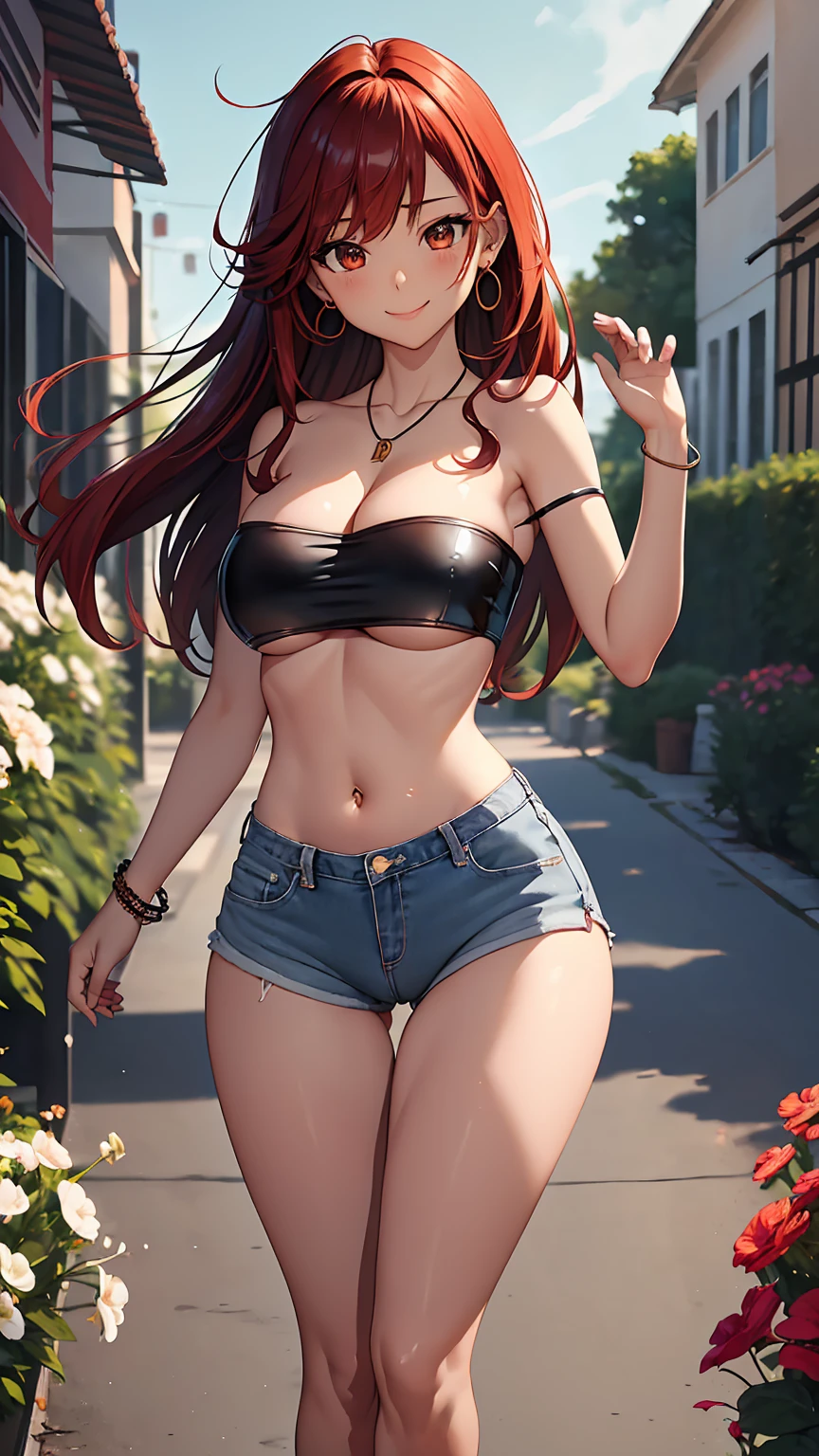 1girl, anime girl, 2d girl, 18y, (fullbody), standing, anime girl, seductive smile, (((medium hair, pink hair, flowing hair, hair flowing in the wind))), ((black,tube top,strapless)), ((underboob view)), cleavage, Solo, Slim, Big Breasts, Tight Shorts, low waist shorts, upshorts, outdoors, night background, flowers, looking at viewer, darker shadows, (((explicit))), (((short,shorts))), (((absurdres))), (((thigh gap))), (((half naked))), (((cameltoe))), (((lowleg shorts))), (((sexy))), (((sensual))), (((Tube Top))), (((Strapless)))