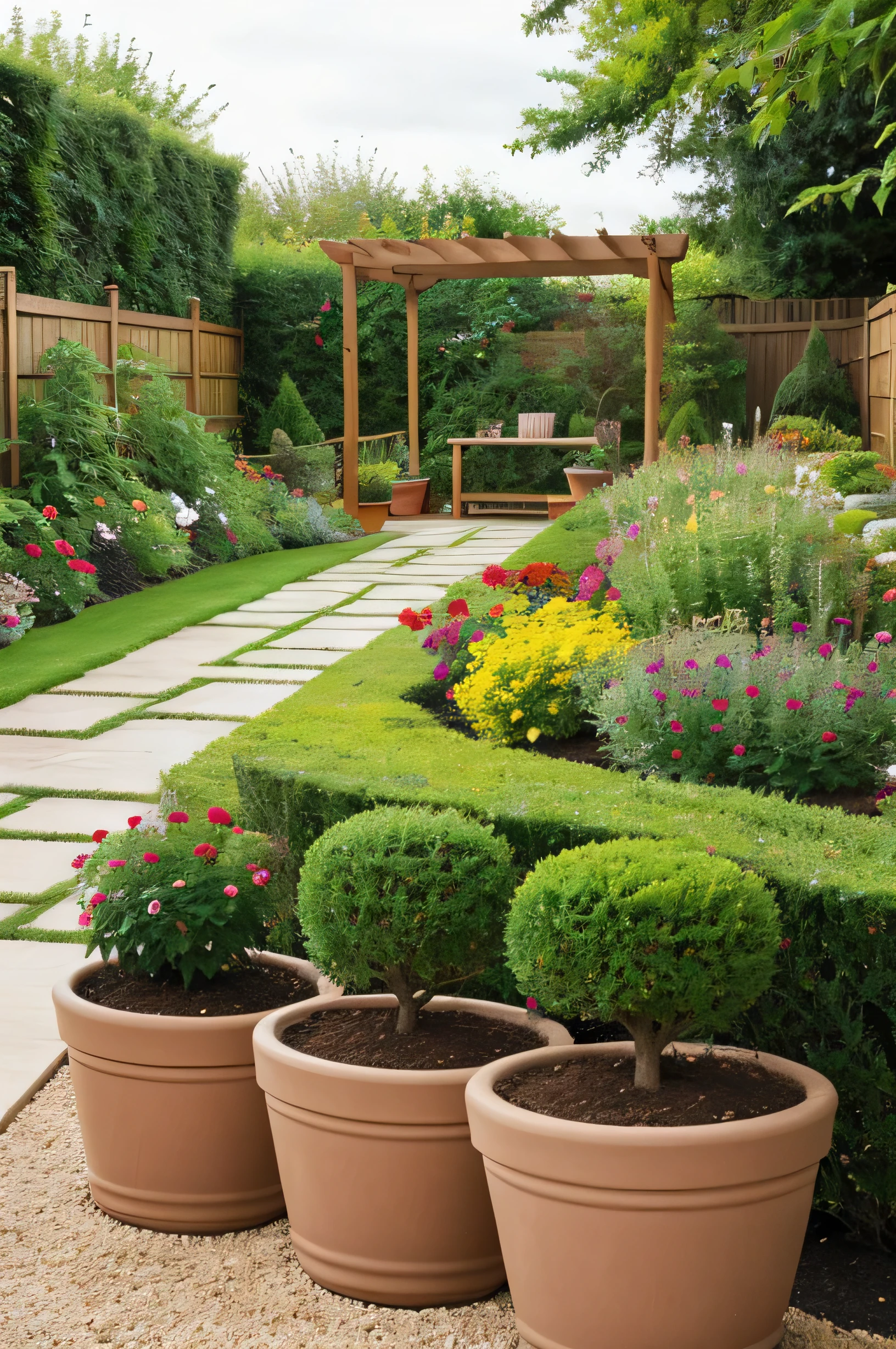 image with a realistic style that reflects everything related to landscaping and gardening and other products such as pots, gardening set etc for plant lovers of different ages. horizontal image