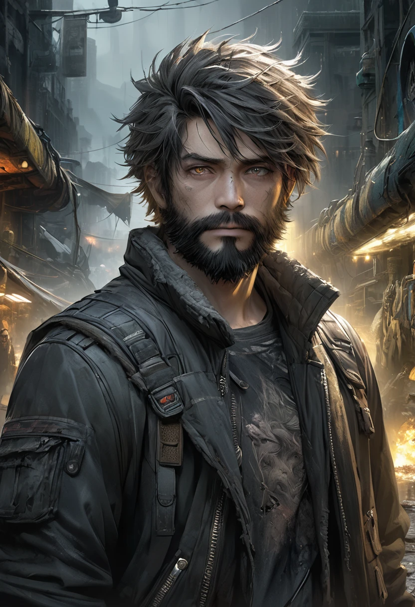 "official art", "Realistic Digital Painting with Concept Art Elements"," digital painting," "concept art," "realistic," , "detailed environment: , "high detail", "detailed face", "high-res", "ominous aura,", "8k resolution", "oil painting", "graded colors", "darker tone" , "saturated" ,"professionally colored" , "dark feeling", "concept art" , "detailed features" , "detailed eyes", "cold eyes", "1man" , "upper body", "trailer background", "lean build" , "scruffy short hair" , "scruffy short beard" , "cigarette between lips" , "tattered clothing", "digital art" , "post-apocalyptic" ,"Ultra-detailed animation art and visual effects masters perfectly compose intricately detailed digital art" , "Correct and perfect anatomy", "dark tone" ,