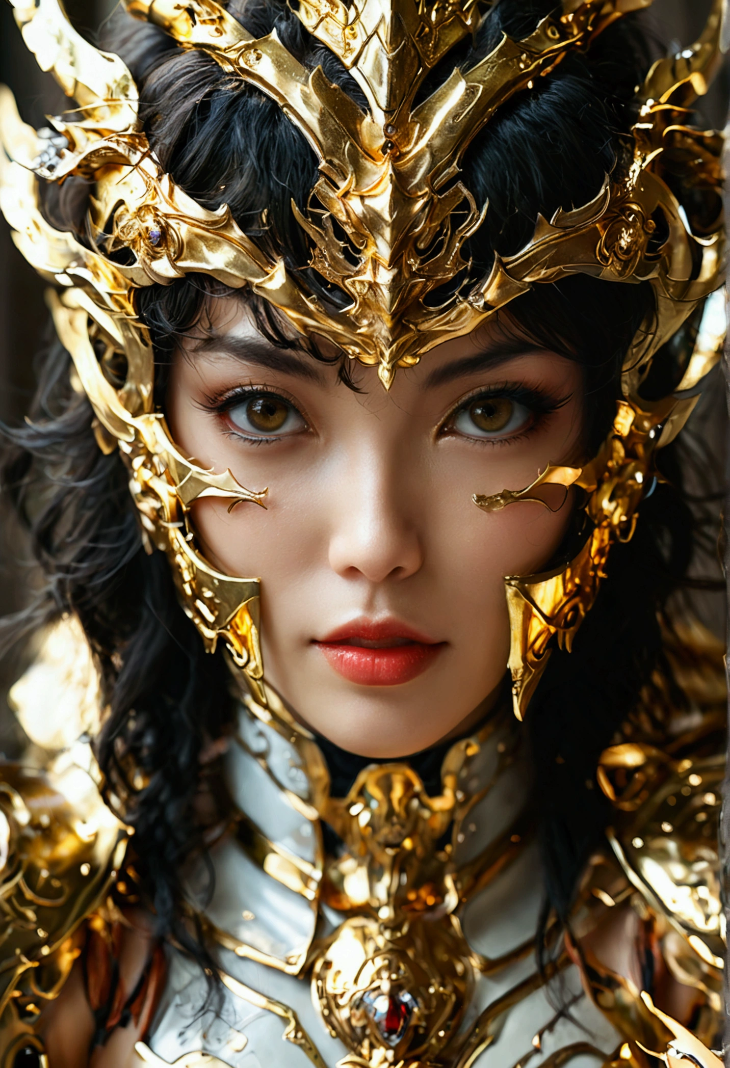Gold Saint，A female warrior，The fighting intensified，Gold Warframe，Gorgeous decoration，sharp，Strong body，Clear lines，determination，Mysterious runes，There are unique lights around。professional , masterpiece、Top quality、Photo-realistic , 、Top quality、Ultra-high resolution、(Photorealistic:1.4)、RAW photos、Depth of Field （Gemstone gold metal body:1.9),(Matte white、Tostock、Cleavage、（Cleavage）、Navel（Navel）、Big Ass（Big Ass），Wide-angle lens、full-body shot，Face Makeup Surprise、Glossy lipstick（Red lipstick）、(((Saint Seiya Gold Armor))),（Detailed dragon armor）、（Have the strongest weapon）、（(Random hairstyle 1.6),Dark Fantasy,）explode、Fierce battles、（Steep cliffs),dragon gold weapon,Mysterious Expression、Light Particles、Battle Dragon、（Detailed goat horn helmet),Ornate silver weapon ,（（ Dragon&#39;s dense pattern Tianwu treasure wheel）） , Beautiful wheel-shaped weapon ,Warhammer 40k ,Details and gorgeous crowns、（（flowing long black hair））、（Castle Background）、（（Gungar forest background））、Beautiful Asian Japanese cute beauty、big eyes、High nose bridge、one person、Dynamic Angle,(((With detailed shielding)))、Head high、170 height、a smile、Castle Background、Slender and beautiful female hands、Cleavage、Soldiers in armor in the background、Mysterious Expression、Lighting Effects、Fierce battles、Wind Effect、Magic Circle、With the legendary wand、（Devil Wings）、Tostock、