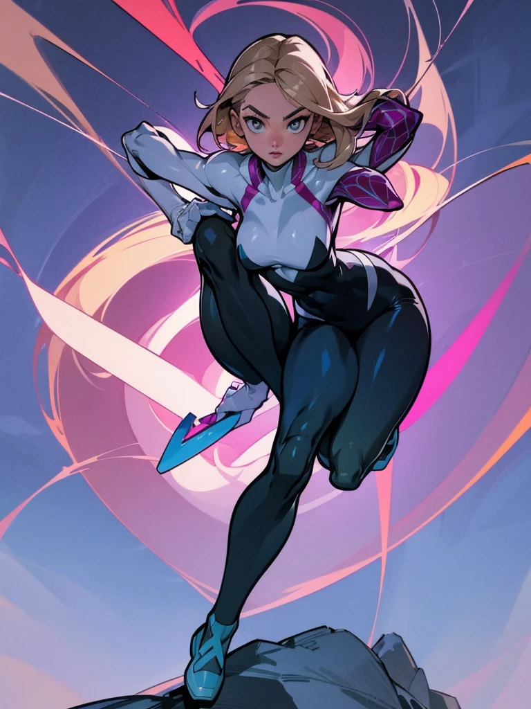 Gwen in the x-men in her new spider x-men suit,Solo, High Resolution, Masterpiece, Best Quality, High Details, High Quality, Large breasts, adult woman, character reference character sheet, x-Men logo on the suit 
￼
￼