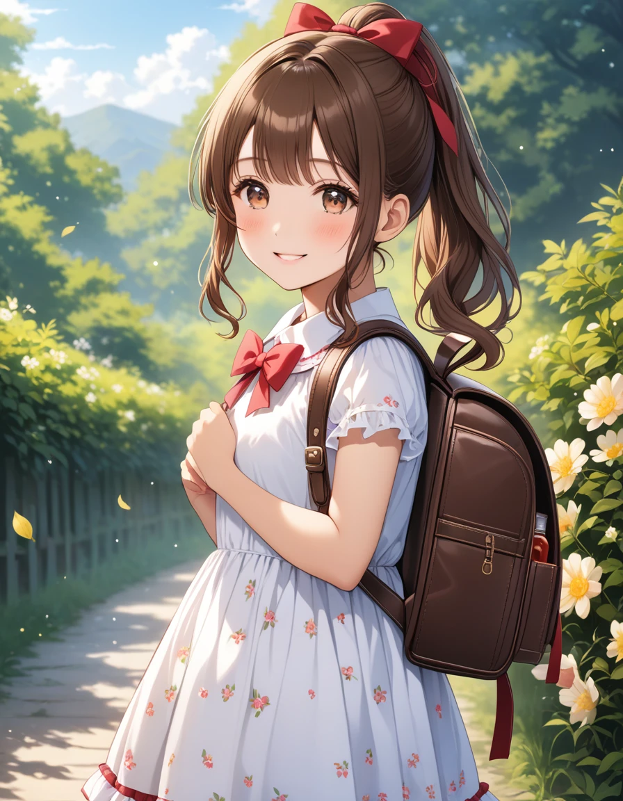 Masterpiece, hd, 1girl, brown hair, ponytail, hair ribbon, wearing cute dress, frilled dress,  dress, bowtie, standing, outdoor, smile, wearing randoseru backpack,(backpack:1.2)