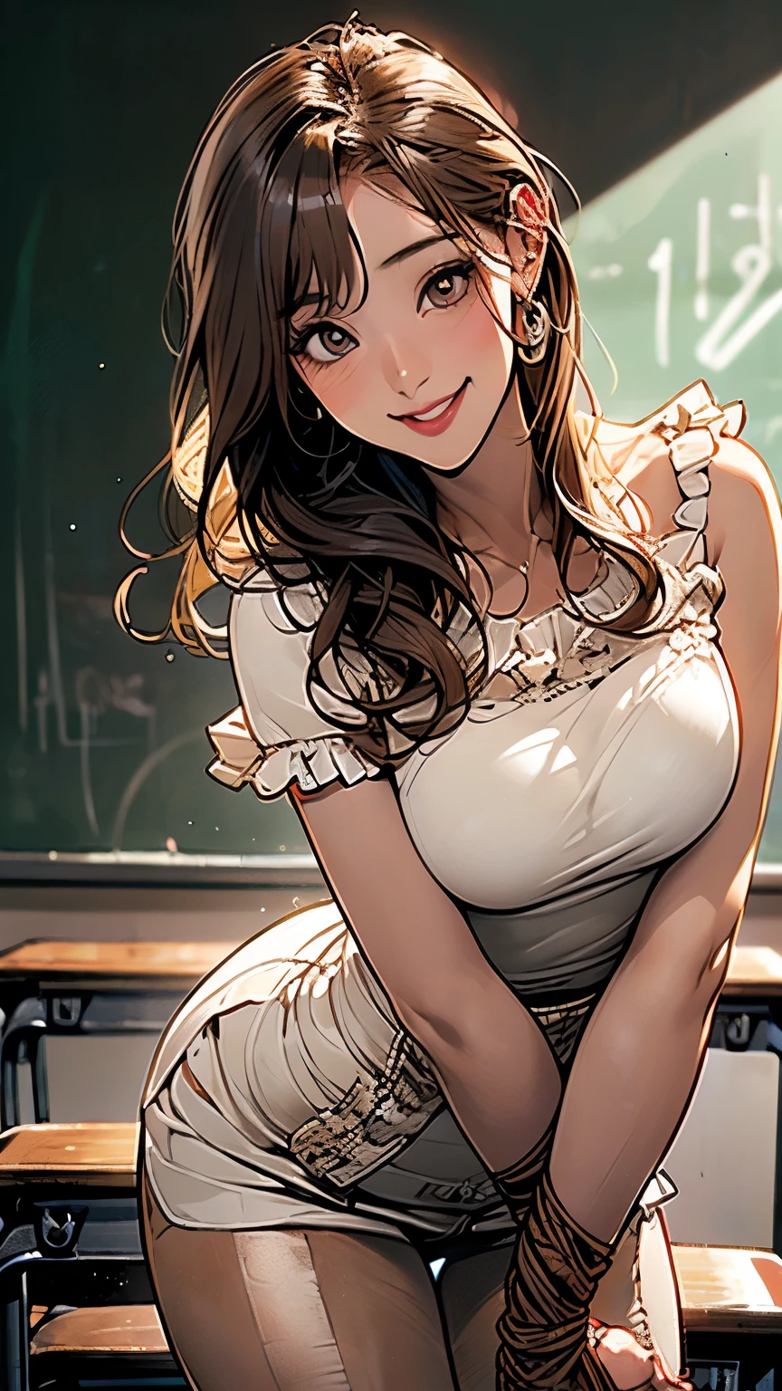 A Latina teacher naked with big boobs leaning over With hands right under her boobs
