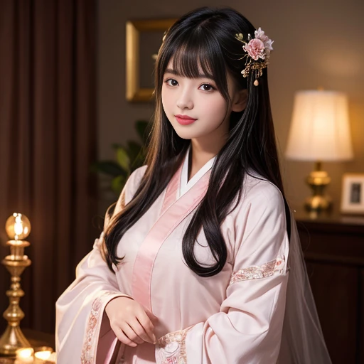 best quality, Delicate face，beautiful visual work, lifelike, eternity, black hair, Long curly hair, blunt bangs, Smile, Detailed Background, Delicate face，pink blush，cold，((masterpiece))、(top quality)、8k、high detail、Super detailed，21 years old female，Wearing Hanfu、Clothes are light and fluffy，Seductive and whimsical style、masterpiece、born、Scenes resembling fairy tale illustrations、intricate details和複雜的設計、Beautifully、magic、capricious、 Beautifully、Dream aesthetics、「𝓡𝓸𝓶𝓪𝓷𝓽𝓲𝓬、ethereal、charming、fickle、magic」、realism、Visual effects、FXAA、SSAO、Shader、voiceless、ambient lighting、Tone mapping、High resolution、Ultra high quality、Million pixels、(8K resolution:1.10)、8k、8k以下、8K resolution、high detail、intricate details， (high quality:1.2、masterpiece:1.2、:1.21)、(21 years old female:1.21)、(興奮地Smile)、(Surrounded by a dreamy atmosphere、Model diagram，full-body shot，Normal 2 feet，Don't show your fingers，Big 