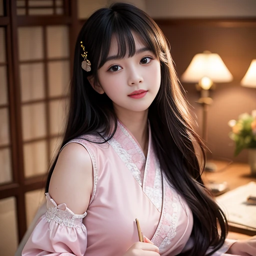 best quality, Delicate face,beautiful visual work, lifelike, eternity, black hair, Long curly hair, blunt bangs, Smile, Detailed Background, Delicate face,pink blush,cold,((masterpiece))、(top quality)、8k、high detail、Super detailed,21 years old female,Wearing Hanfu、Clothes are light and fluffy,Seductive and whimsical style、masterpiece、born、Scenes resembling fairy tale illustrations、intricate details和複雜的設計、Beautifully、magic、capricious、 Beautifully、Dream aesthetics、「𝓡𝓸𝓶𝓪𝓷𝓽𝓲𝓬、ethereal、charming、fickle、magic」、realism、Visual effects、FXAA、SSAO、Shader、voiceless、ambient lighting、Tone mapping、High resolution、Ultra high quality、Million pixels、(8K resolution:1.10)、8k、8k以下、8K resolution、high detail、intricate details, (high quality:1.2、masterpiece:1.2、:1.21)、(21 years old female:1.21)、(興奮地Smile)、(Surrounded by a dreamy atmosphere、Model diagram,full-body shot,Normal 2 feet,Don't show your fingers,Big