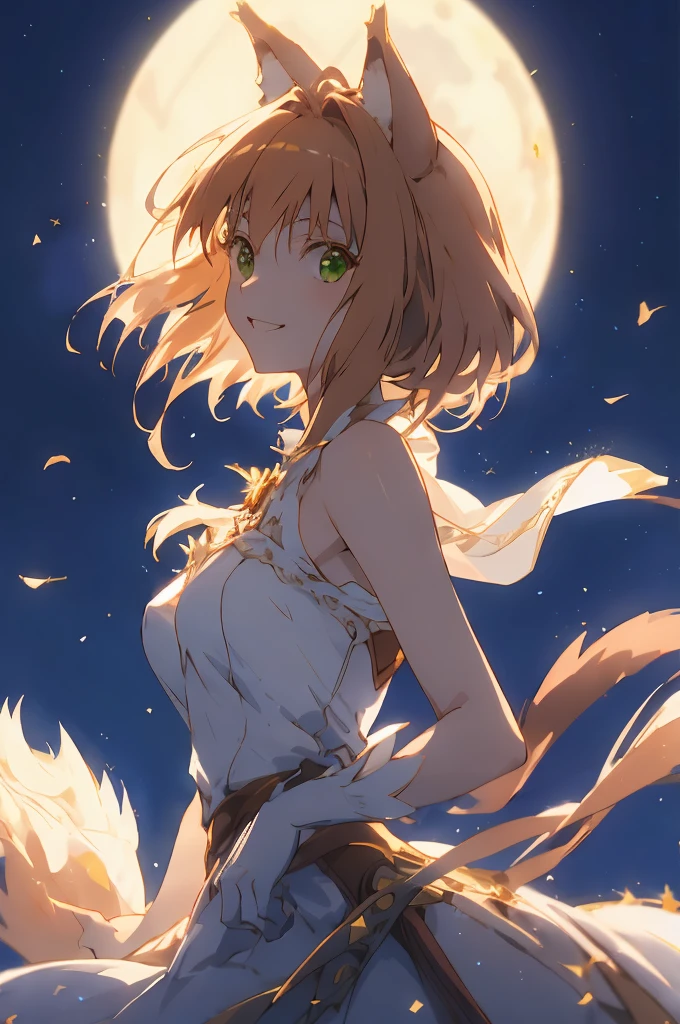 master piece, Best Quality, A high resolution, top-quality, Anime style, The best lighting, Beautiful face, kinomoto sakura, 1woman, tall, 30 years old, large breasts, light brown hair, very Short hair, shoulder length hair, Antenna Hair, Green eyes, frills, dynamic angle, wolf ears and tail, in front of a full moon, clear night sky, white dress, confident smile, backlit by the moonlight, vibrant colors, looking at viewer