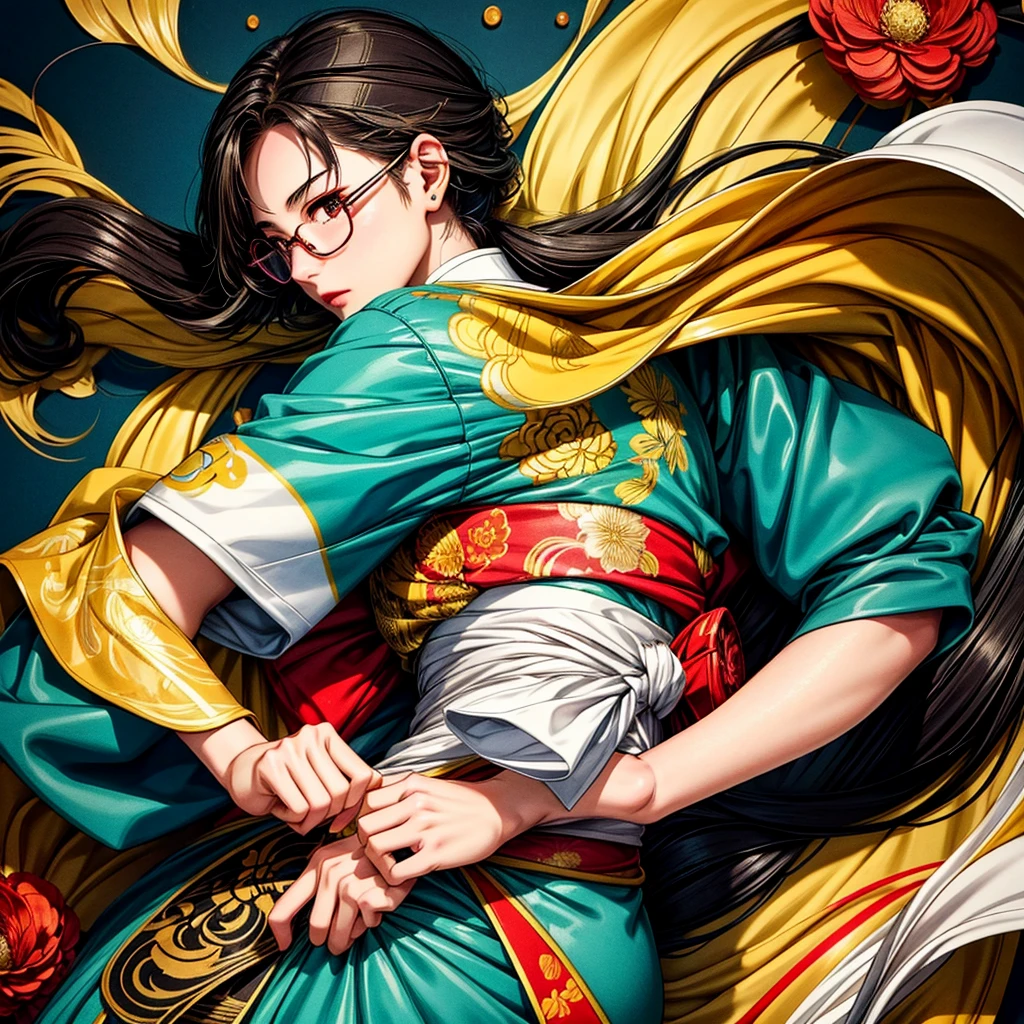 {{{{{illustration}}}}},author:Yuko Shimizu,1 girl,Chinese Girl,female focus on, {{Color ink painting}},{{ink splatter}},{{Splash of Color}},{{{Colorful}}},{{sketch}}, masterpiece,best quality, Beautiful painting,Very detailed, Her hair is long with yellow and black highlights, wear glasses