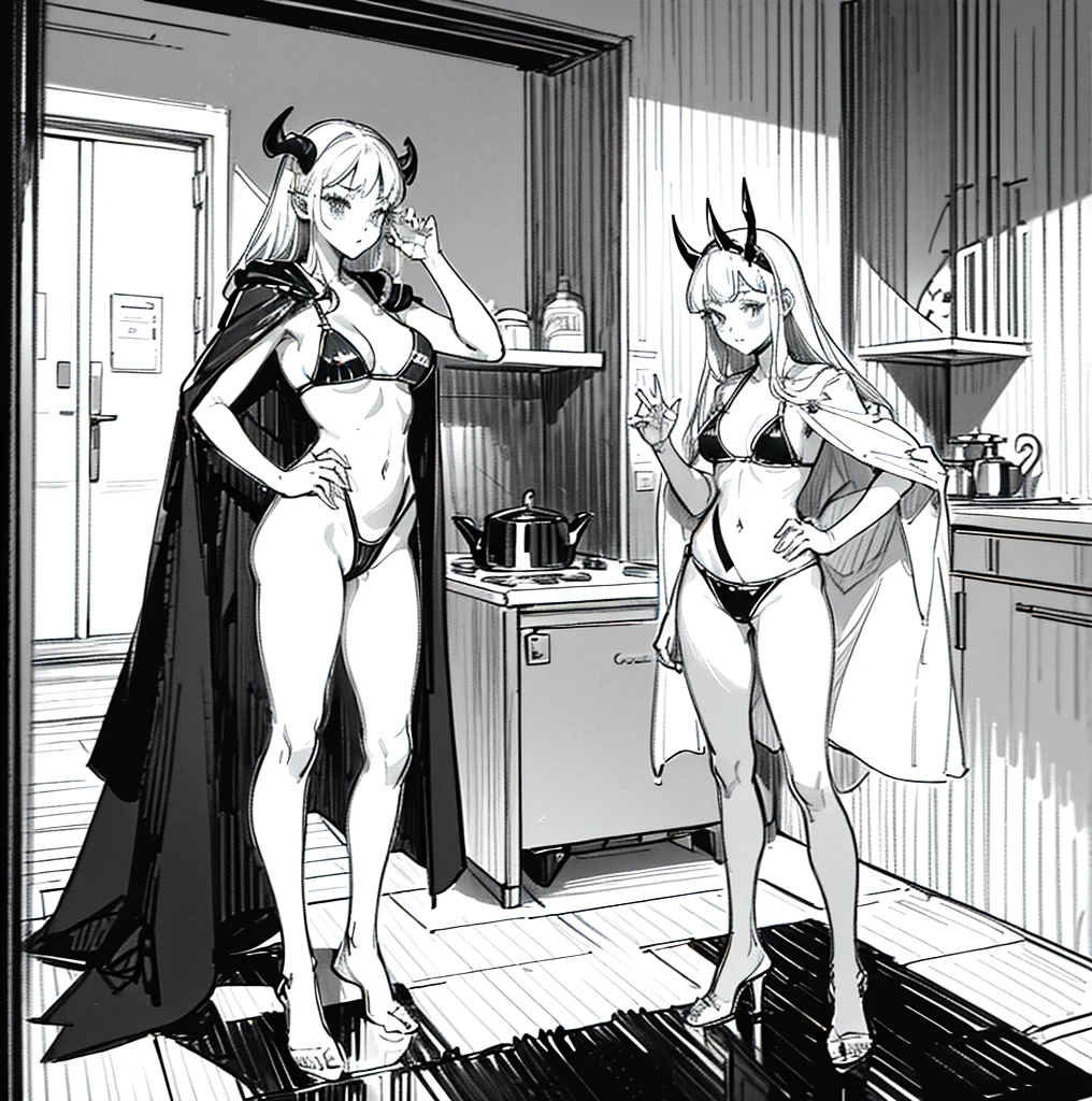 a woman in a bikini on the floor of her home with no clothes on, two women with black and white art in the background one woman has her hand up, bathing suit standing at the kitchen counter, a female character dressed in a robot suit with no panties, a girl is shown wearing a cape and stockings with horns on her head and wearing lewd underwear