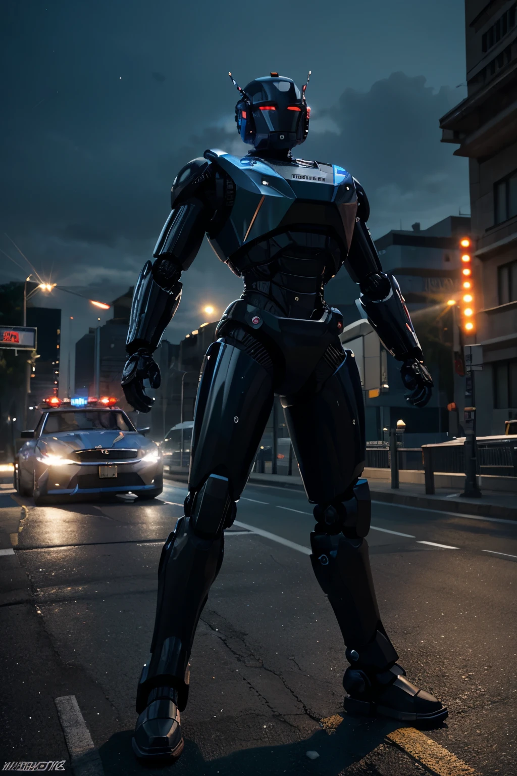 a police car robot (police car transform to robot) holding a bridge, highly detailed 3D render, hyper realistic, photorealistic, 8K, masterpiece, intricate details, HDR, studio lighting, dramatic lighting, vibrant colors, cinematic, transformers