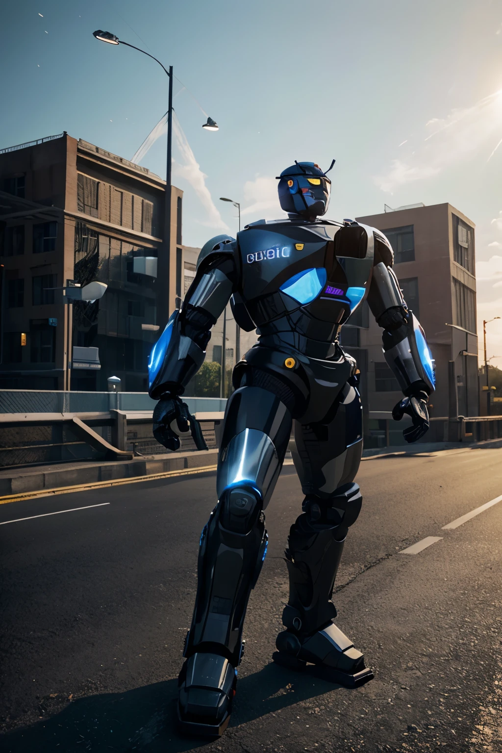 a police car robot (police car transform to robot) holding a bridge, highly detailed 3D render, hyper realistic, photorealistic, 8K, masterpiece, intricate details, HDR, studio lighting, dramatic lighting, vibrant colors, cinematic, transformers