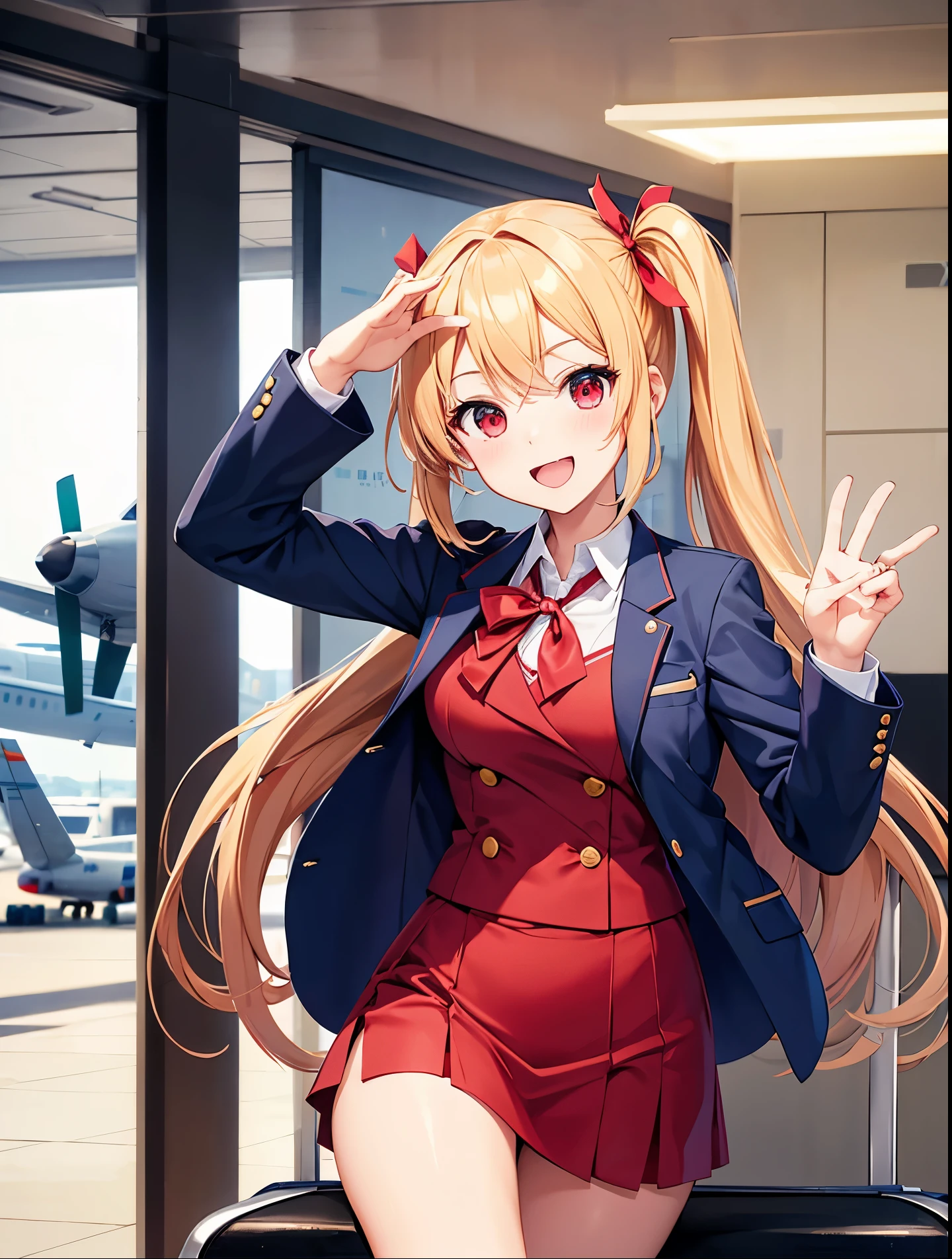 Idol-like anime character, neat face, smile, cute expression, cheerful expression, blond twin-tail hair, wearing red ribbon, small breasts,
navy blue stewardess uniform, navy blue blazer, culotte style,.
greeting, plane flying in background in airport lobby,.
Focus on face. Red eyes, 5 fingers, both hands. No shadow on background, high quality, high quality No shadow on background, high quality, high quality