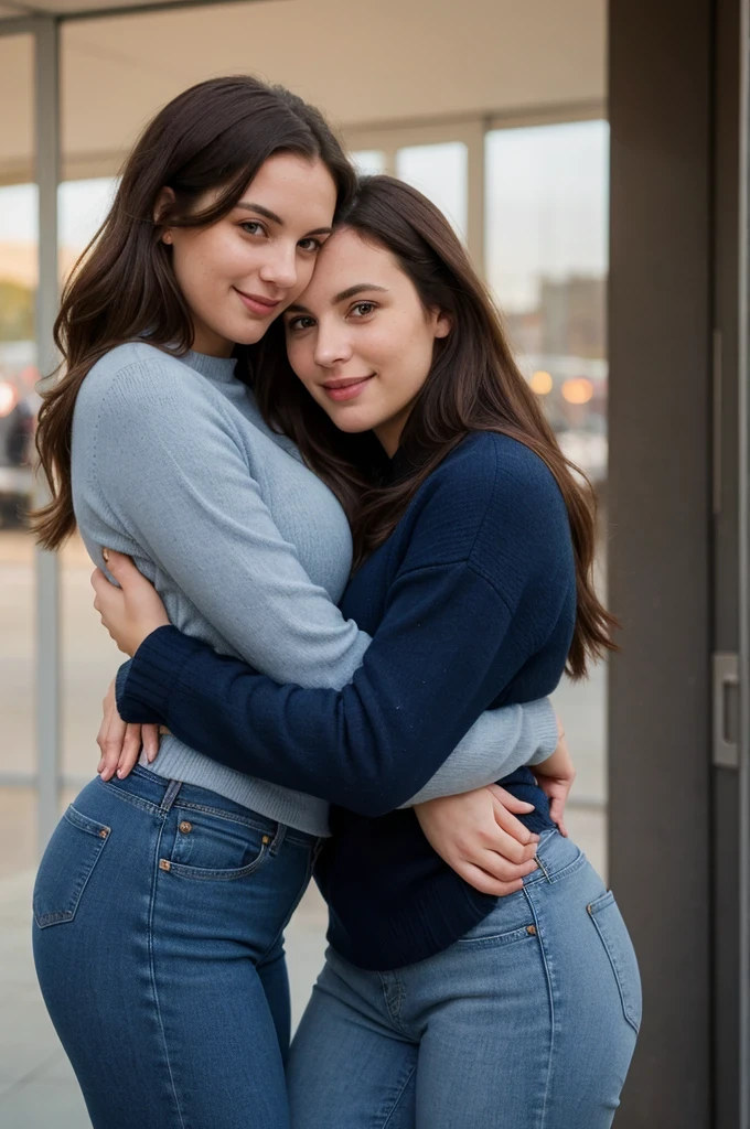 two women hugging, woman holding another woman, Portrait of women hugging, hugging each other, embrace, two beautiful women, Hugging, two girls, ( ( emma lindstrom ) ), holding each other, Hugs and cradling, Two women, happy, smile, detailed eyes, detailed hands, wearing sweaters, ((blue jeans)), both 30 years old, different heights, thicc, wide hips, accentuate on thighs, side view