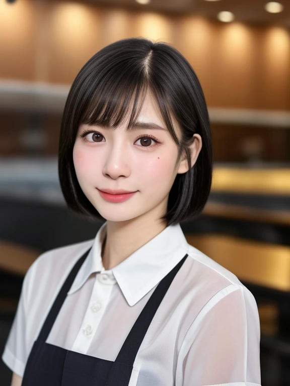 (kawaii 18 year-old Japanese girl, Nogizaka idol, Korean idol, highschool student), healthy female athlete body, (glossy black hair, short hair, pixie cut, bangs:1.3), (rounded face, beautiful black eyes, single eyelid, no makeup, looking at something out of frame:1.2), (collared shirt unbuttoned, creavage visible, apron:1.3), extra small , BREAK, (cafeteria background, working at the cafeteria:1.2), (dynamic angle, bust shot:1.2), BREAK, (masterpiece, best quality, photo realistic, official art:1.4), (UHD, 8K quality wallpaper, high resolution, raw photo, golden ratio:1.3), (shiny skin), professional lighting, physically based rendering, award winning, (highly detailed skin, extremely detailed face and eyes), Carl Zeiss 85 mm F/1.4, depth of field, 1girl, solo,