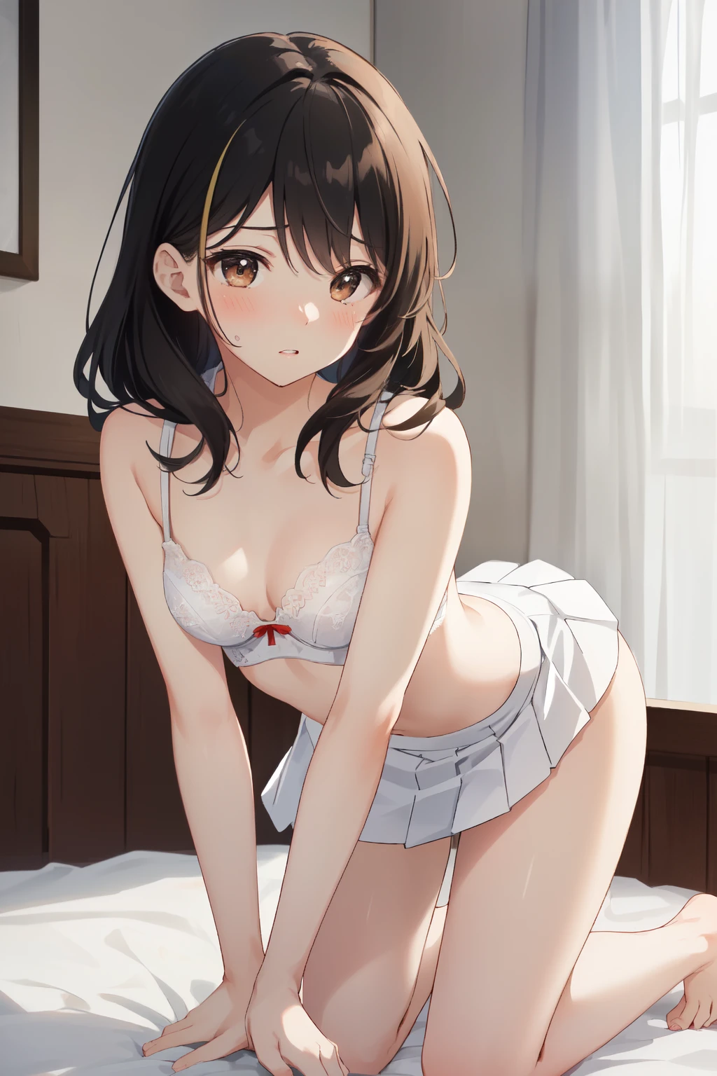 (Photographed from the front), (Girl kneeling on the bed), (White bra, 白いPleated skirt, ), ((masterpiece)), ((Highest quality)), (Very detailed), ((Cute high )), 17 years old, )), ((Knees on the sheets, Buttが見える)), (The hem of the skirt is turned up, I can see her panties), ((Very detailed)), (8k), Highest quality, (beautiful), beautiful girl, ((Embarrassed, Close your lips)), whole body, White sheets, (Girl kneeling on the bed), White underwear, (( beautiful胸のライン, Photographed from the front)), Pleated skirt, ((White panties, Butt)), beautifulミディアムヘア, Brown eyes, (Droopy eyes:1.3), , (Delicate eyelashes), (Red cheeks), White skin, ,Slender body,(( Medium chest, とてもbeautiful胸のライン)) , ((beautiful身体のライン, Buttのライン)), ((White panties, Lace panties)), ( Legs open), Embarrassed face, ((All fours pose)), ((With both hands on the sheets)), (Both knees on the sheets),Close ~ eyes, Roaring