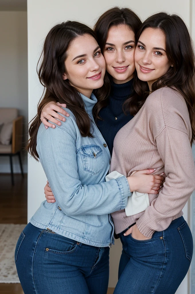 two women hugging, woman holding another woman, Portrait of women hugging, hugging each other, embrace, two beautiful women, Hugging, two girls, ( ( emma lindstrom ) ), holding each other, Hugs and cradling, Two women, happy, smile, detailed eyes, detailed hands, wearing sweaters, ((blue jeans)), both 30 years old, mature women, tall womem, different heights, thicc, wide hips, accentuate on thighs, side view