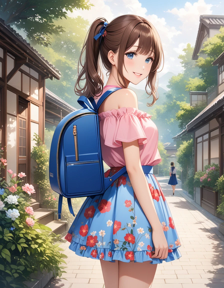 masterpiece, best quality, highres, 1girl, long hair, one side up, solo, ponytail,brown hair, blue eyes, bare shoulders, pink shirt, floral print skirt, short sleeves, off-shoulder shirt, frills, blue skirt, cowboy shot, smile,standing, fullbody, wear high heels, wearing randoseru backpack, (randoseru backpack:1.1), outdoor, day