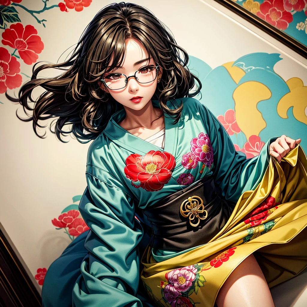 {{{{{illustration}}}}},author:Yuko Shimizu,1 girl,Chinese Girl,female focus on, {{Color ink painting}},{{ink splatter}},{{Splash of Color}},{{{Colorful}}},{{sketch}}, masterpiece,best quality, Beautiful painting,Very detailed, Her hair is long with yellow and black highlights, wear glasses