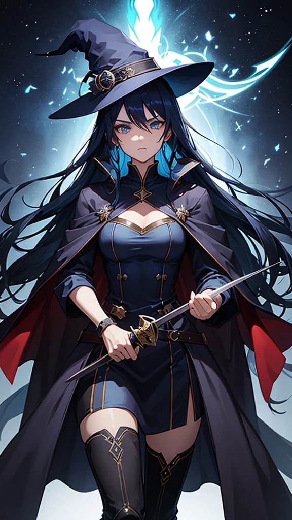 Woman, mage, long dark blue hair, badass magician clothes, arcanist, mage black hat, sword, midnight blue hot dress