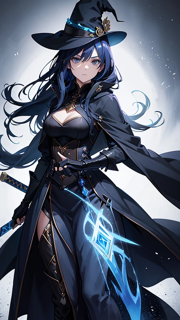 Woman, mage, long dark blue hair, badass magician clothes, arcanist, mage black hat, sword, midnight blue hot dress
