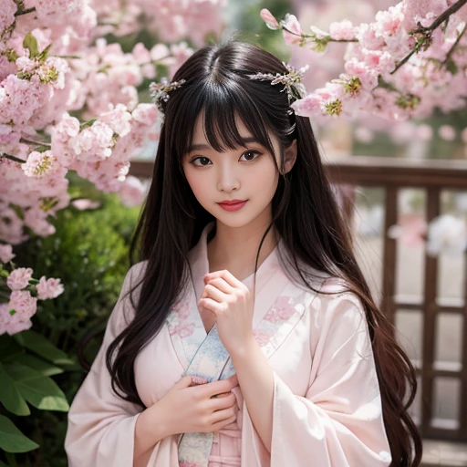 best quality, Delicate face，beautiful visual work, lifelike, eternity, black hair, Long curly hair, blunt bangs, Smile, Detailed Background, Delicate face，pink blush，cold，((masterpiece))、(top quality)、8k、high detail、Super detailed，21 years old female，Wearing Hanfu、Clothes are light and fluffy，Seductive and whimsical style、masterpiece、born、Scenes resembling fairy tale illustrations、intricate details和複雜的設計、Beautifully、magic、capricious、 Beautifully、Dream aesthetics、「𝓡𝓸𝓶𝓪𝓷𝓽𝓲𝓬、ethereal、charming、fickle、magic」、realism、Visual effects、FXAA、SSAO、Shader、voiceless、ambient lighting、Tone mapping、High resolution、Ultra high quality、Million pixels、(8K resolution:1.10)、8k、8k以下、8K resolution、high detail、intricate details， (high quality:1.2、masterpiece:1.2、:1.21)、(21 years old female:1.21)、(興奮地Smile)、(Surrounded by a dreamy atmosphere、Model diagram，full-body shot，Normal 2 feet，Don't show your fingers，Big ，G cup