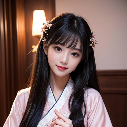 best quality, Delicate face,beautiful visual work, lifelike, eternity, black hair, Long curly hair, blunt bangs, Smile, Detailed Background, Delicate face,pink blush,cold,((masterpiece))、(top quality)、8k、high detail、Super detailed,21 years old female,Wearing Hanfu、Clothes are light and fluffy,Seductive and whimsical style、masterpiece、born、Scenes resembling fairy tale illustrations、intricate details和複雜的設計、Beautifully、magic、capricious、 Beautifully、Dream aesthetics、「𝓡𝓸𝓶𝓪𝓷𝓽𝓲𝓬、ethereal、charming、fickle、magic」、realism、Visual effects、FXAA、SSAO、Shader、voiceless、ambient lighting、Tone mapping、High resolution、Ultra high quality、Million pixels、(8K resolution:1.10)、8k、8k以下、8K resolution、high detail、intricate details, (high quality:1.2、masterpiece:1.2、:1.21)、(21 years old female:1.21)、(興奮地Smile)、(Surrounded by a dreamy atmosphere、Model diagram,full-body shot,Normal 2 feet,Don't show your fingers,Big ,G cup