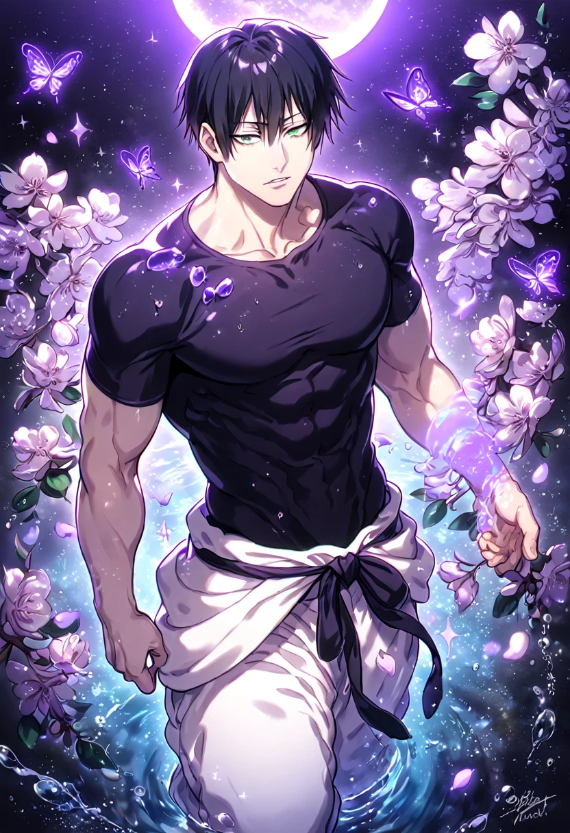 absurdres, highres, ultra detailed, HDR, master piece, best quality, Fushiguro Touji, straight black hair, expressive green eyes, Jujutsu Kaisen, solo, sexy man, handsome, sensual, horny, black tight T-shirt, white baggy pants, water, fantasy, magical, shining, purple flowers, blossoms, purple petals, purple butterflies, sparkling, purple moon, starry sky, manly man