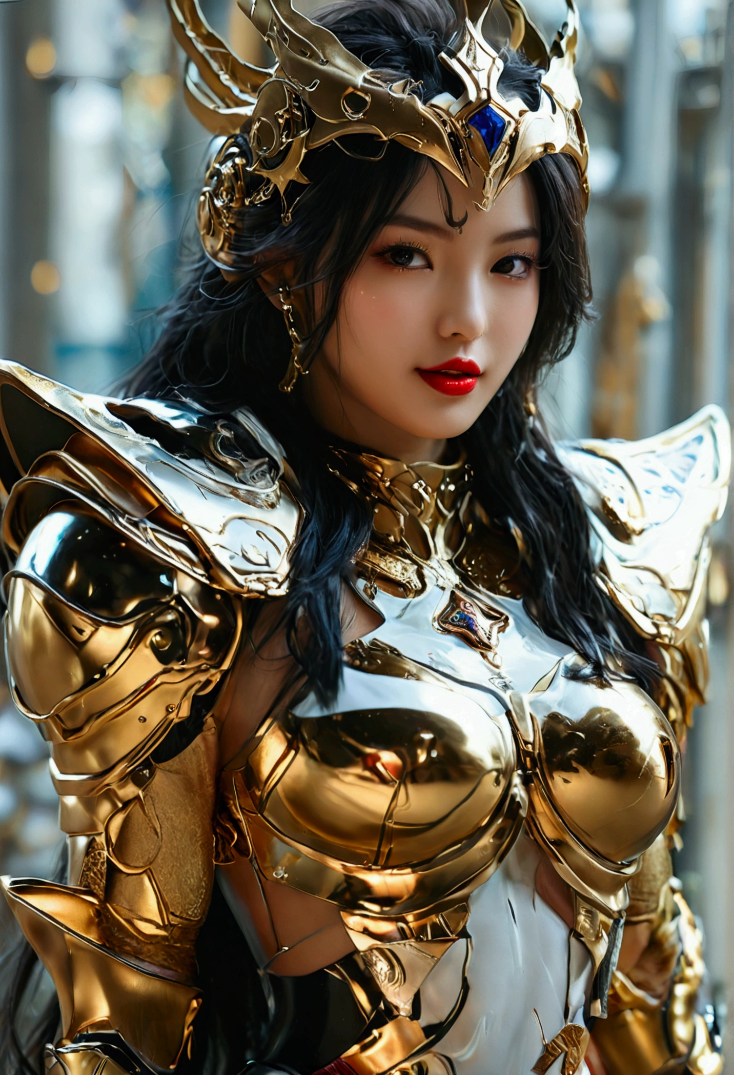 Gold Saint，A female warrior，The fighting intensified，Gold Warframe，Gorgeous decoration，sharp，Strong body，Clear lines，determination，Mysterious runes，There are unique lights around。professional , masterpiece、Top quality、Photo-realistic , 、Top quality、Ultra-high resolution、(Photorealistic:1.4)、RAW photos、Depth of Field （Gemstone gold metal body:1.9),(Matte white、Tostock、Cleavage、（Cleavage）、Navel（Navel）、Big Ass（Big Ass），Wide-angle lens、full-body shot，Face Makeup Surprise、Glossy lipstick（Red lipstick）Beautiful Asian Japanese cute beauty、big eyes、High nose bridge、one person、Dynamic Angle,170 height、a smile、Castle Background、Slender and beautiful female hands、Cleavage，Long legs，Combat boots reflecting light，Coming from afar