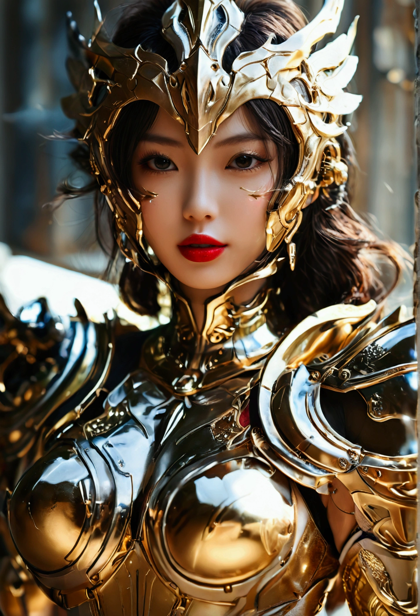 Gold Saint，A female warrior，The fighting intensified，Gold Warframe，Gorgeous decoration，sharp，Strong body，Clear lines，determination，Mysterious runes，There are unique lights around。professional , masterpiece、Top quality、Photo-realistic , 、Top quality、Ultra-high resolution、(Photorealistic:1.4)、RAW photos、Depth of Field （Gemstone gold metal body:1.9),(Matte white、Tostock、Cleavage、（Cleavage）、Navel（Navel）、Big Ass（Big Ass），Wide-angle lens、full-body shot，Face Makeup Surprise、Glossy lipstick（Red lipstick）Beautiful Asian Japanese cute beauty、big eyes、High nose bridge、one person、Dynamic Angle,170 height、a smile、Castle Background、Slender and beautiful female hands、Cleavage，Long legs，Combat boots reflecting light，Coming from afar