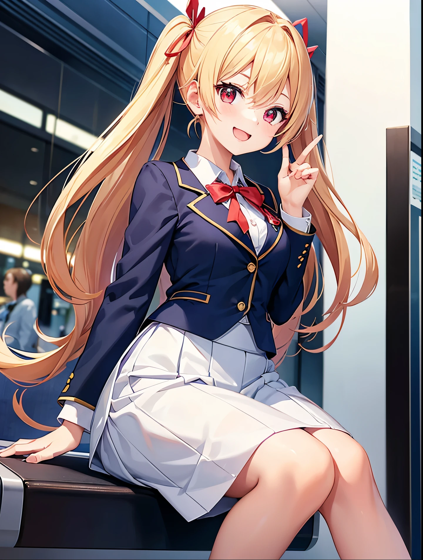 Idol-like anime character, neat face, big smile, cute expression, cheerful expression, blond twin-tail hair, wearing red ribbon, small breasts,
navy blue stewardess uniform, navy blue blazer, long skirt,.
greeting, plane flying in background in airport lobby,.
Five fingers, Two hands, Finger quality high quality, Focus on face.
Focus on face. Red eyes, 5 fingers, both hands. No shadow on background, high quality, high quality No shadow on background, high quality, high quality