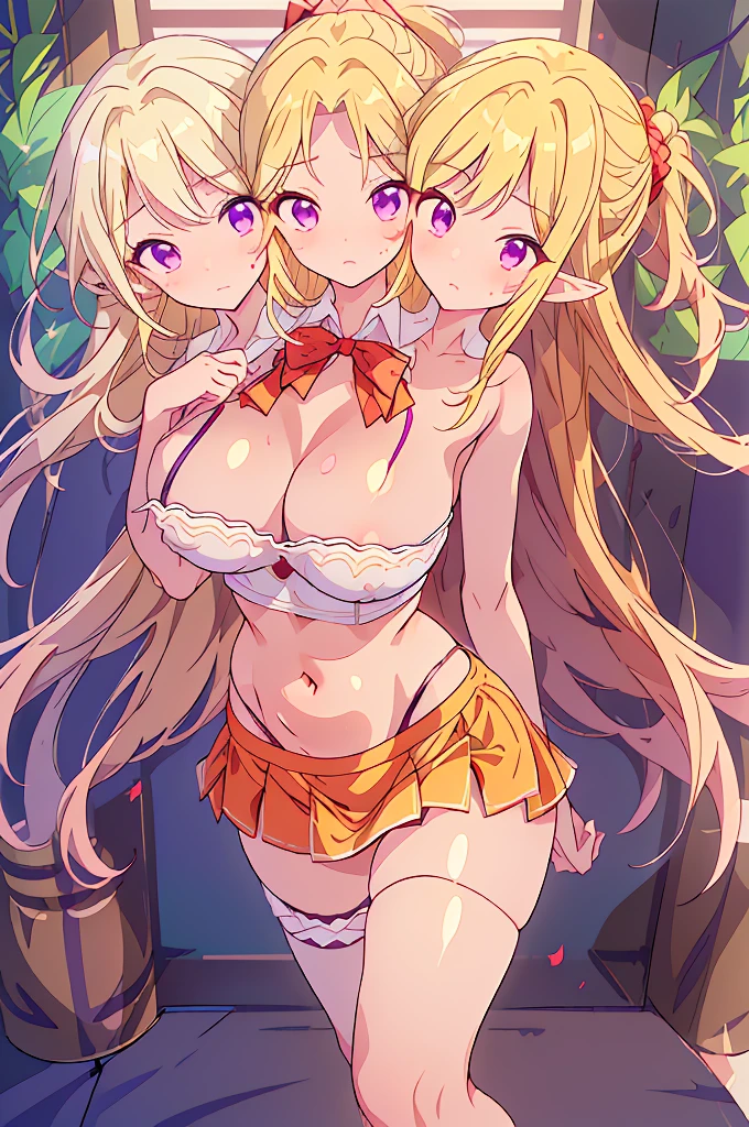 (masterpiece, best quality), best quality, (ultra-detailed), (3heads:1.5), 1girl, (elis:1.3), masterpiece, best quality, ultra quality, ultra resolution, ultra detail, white top, crop top, ((stomach)), midriff, ((groin)), red skirt with strange purple markings along its hem, miniskirt, normal ears, midriff, blonde hair, very long hair, wavy hair, sidelocks, purple eyes, parted lips, sweat, cute, toned belly, hand on own chest, eyelashes, (25 year old woman:1.3), (masterpiece:1.5), (best quality:1.5), (beautiful detailed), extremely detailed CG, extremely delicate and beautiful, depth of field, (finely detailed face), (perfect details:1.2), ( female:1.3), wide pelvis, slender, large veiny breastresolution, highres, very high quality, very high definition, extremely detailed, masterpiece, blonde long hair, alluring presence, twin braid, short skirt, close up, very big tits, hu young, red bowrple bat wings, nsfw, open belly, ((blonde))