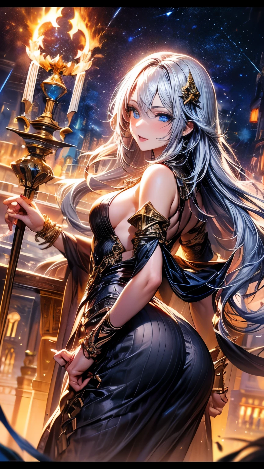 8k resolution, masterpiece, Highest quality, Award-winning works, unrealistic, From above, erotic, Only sexy women, healthy shaped body, 22 years old, Black Mage, height: 165cm, big, Hard, Swaying bust,, long wavy silver hair, Detailed facial depiction, break, Mysterious blue eyes, Standard nose, eyeliner, Pink Lips, Sexy long legs, Transparent muscles, holy knight, Gothic ruffle long dress, A dress with a complex structure, 7 Colorful Dresses, Clothed in flames, royal coat of arms, elegant, Very detailed, Delicate depiction of hair, Miniature Painting, Digital Painting, artステーションコンセプトart, Smooth, Sharp focus, shape, artジャム、Greg Rutkowski、Alphonse Mucha、William Adolphe Bouguereau、art:Stephanie Law , Royal Jewel, nature, Symmetric, Greg Rutkowski, Charlie Bowwater, unrealistic, Surreal, Dynamic Lighting, ファンタジーart, Complex colors, Colorful magic circle, flash, Dynamic sexy pose, A kind smile, Mysterious Background, aura, A gentle gaze, break, Small faint lights and flying fireflies, night, lanthanum, 山の頂From above下界を見下ろす, Starry Sky, milky way, nebula, shooting star, A sacred staff that emits a brilliant light, Rear view, To the camera