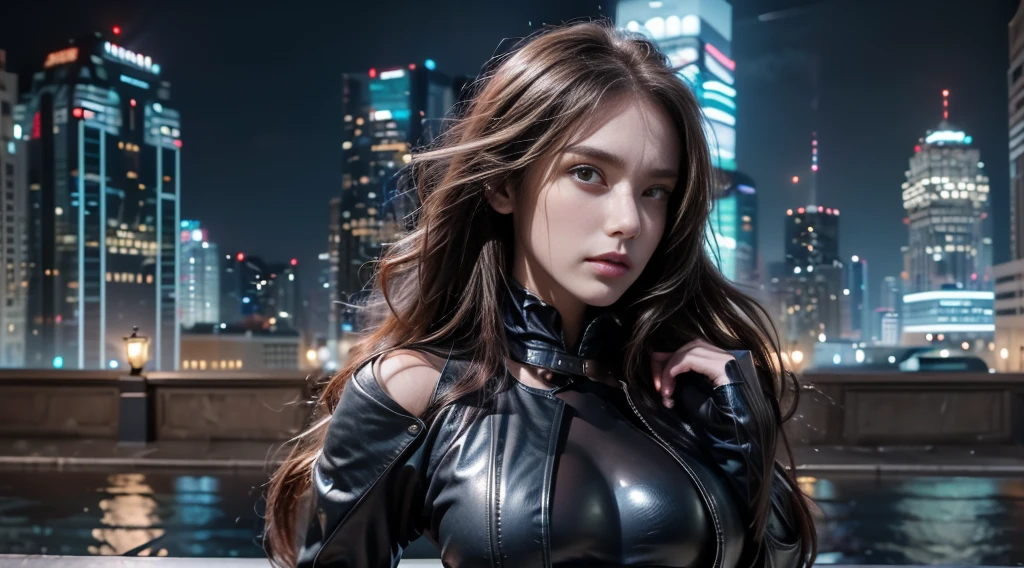 ((masterpiece, best quality, Highest image quality, high resolution, Reality, RAW photos, 8K)), Bustling future city night scene，Girl standing on the roof，Tight leather jacket，Off-shoulder，Large Breasts，Long hair，Pretty face，Closed mouth，dramatic，Mid-range portrait，（midnight）