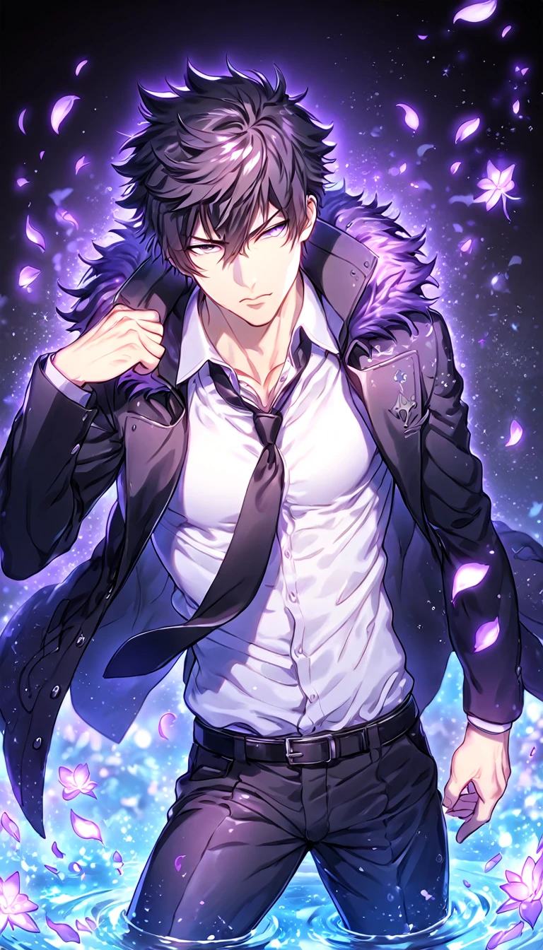 Ultra detailed, HDR, Highres, absurdres, master piece, Kougami Shinya, black hair, expressive gray eyes, black coat with a fur collar, black necktie, white shirt, black pants, Psycho Pass, sexy man, handsome, purple flowers, petals, fantasy, magical, purple leaves, handsome, best quality, glittering, manly man, sensual, horny, water, purple shining fireflies,
