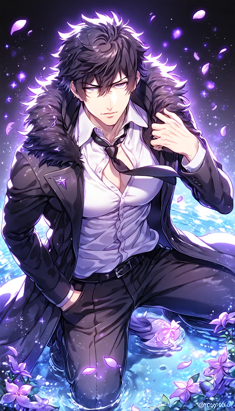 Ultra detailed, HDR, Highres, absurdres, master piece, Kougami Shinya, black hair, expressive gray eyes, black coat with a fur collar, black necktie, white shirt, black pants, Psycho Pass, sexy man, handsome, purple flowers, petals, fantasy, magical, purple leaves, handsome, best quality, glittering, manly man, sensual, horny, water, purple shining fireflies,