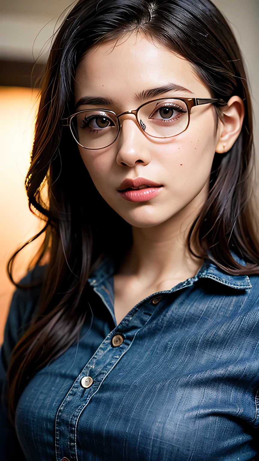 (masterpiece:1.2, highest quality), (Realistic, photoRealistic:1.4), Beautiful illustrations, (Natural Side Lighting, Cinema Lighting), Written boundary depth, Beautiful thighs staring at the viewer, (Face Focus, Upper Body), 1 female, 30-year-old, alone, thin, slender, small breasts!!!, Long Hair, Curly Hair, Forehead, Forehead, Forehead, Forehead, thin, slender, glasses, vivid pink sweater, jeans, Are standing, ((Close-up)), ((Close-up)), ((Close-up))